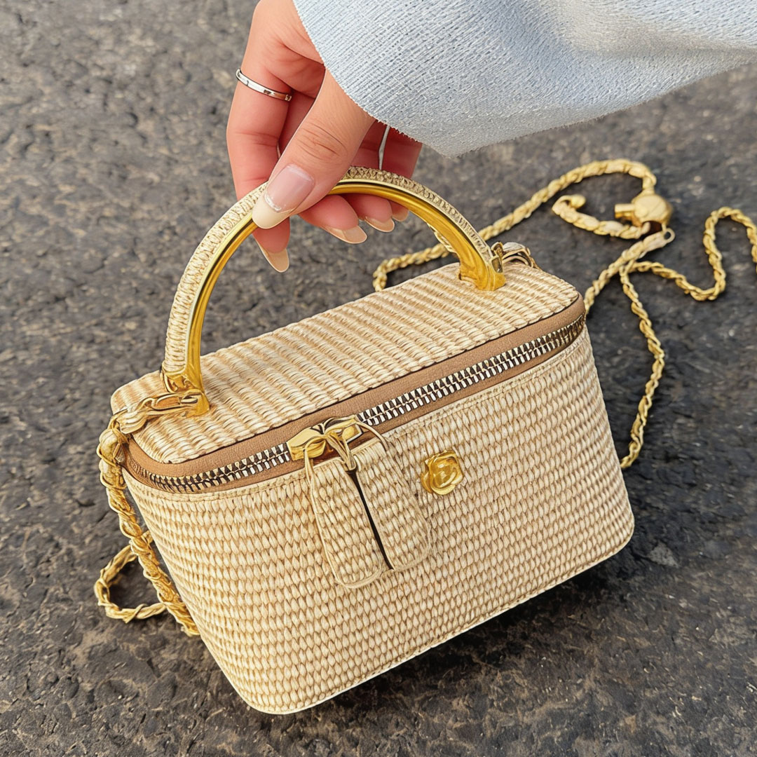 حقيبة صندوقية بنمط منسوج جديد  - مراجعة Women Bags Golden وسعره